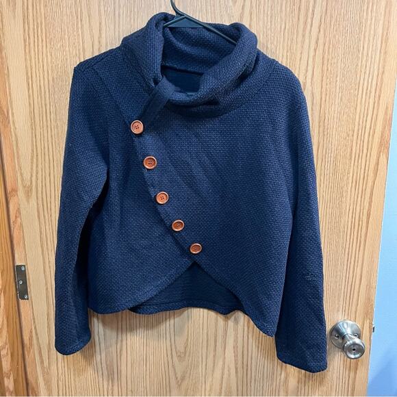 Dark Blue Wrap Front Top w/ Buttons & Cowl Neck Approx Size Medium - Picture 4 of 7